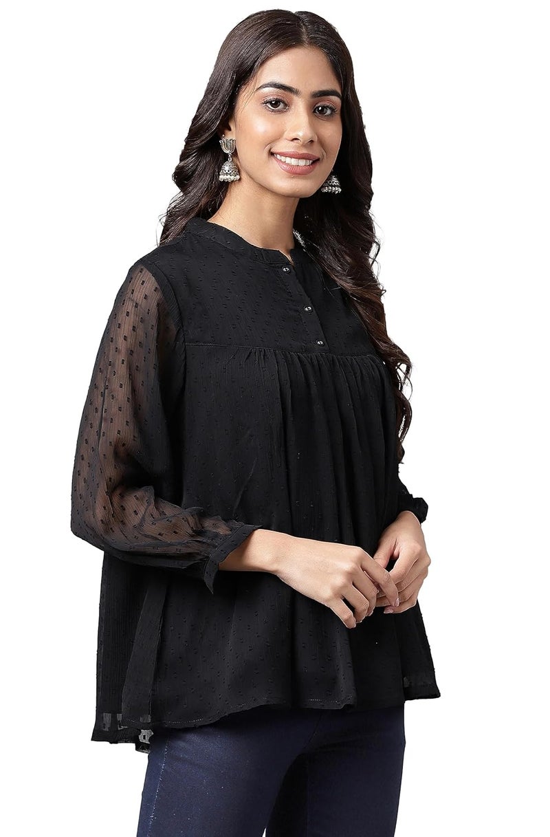 Janasya Women's Black Dobby Chiffon Solid Empire Top - Image 5